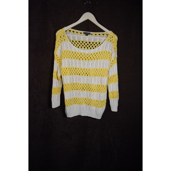 Willi Smith Yellow and White Cable Knit Pullover Sweater Open Knit Strips Sz L - Picture 1 of 8